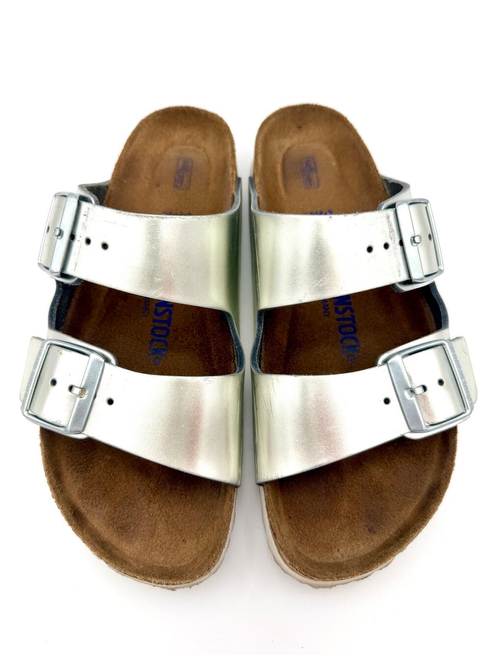 Birkenstock Arizona Sandals Slides Silver Leather Size 38 / 8 Narrow Metallic